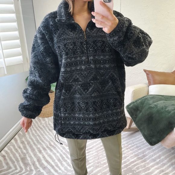 Woolrich Sweater Mens Size XL Rare Aztec Sherpa Fuzzy 1/4 Zip Pullover Gray - Picture 2 of 14